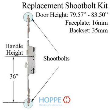 HOPPE 3-POINT MULTIPOINT LOCK, DOOR HEIGHTS 79.57 - 83.50", 1-3/8" BACKSET, SHOOTBOLT VERSION